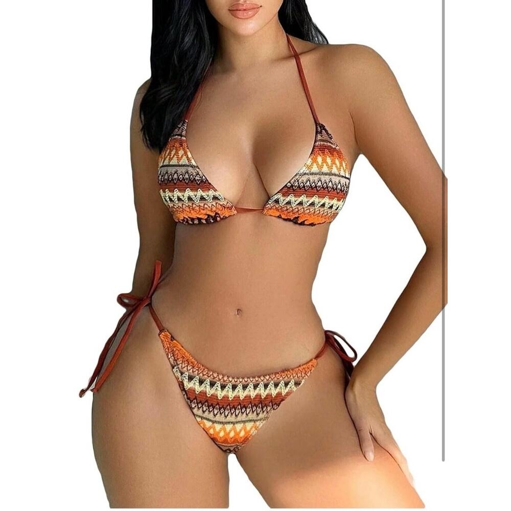 Women's Boho Geo Print Cute Bathing Suit High Waisted Halter Tie Back Swimsuit